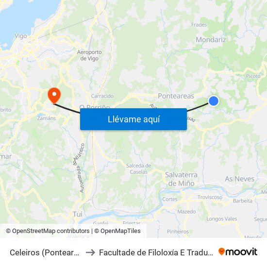 Celeiros (Ponteareas) to Facultade de Filoloxía E Traducción map