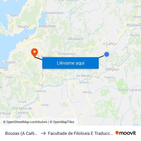 Bouzas (A Cañiza) to Facultade de Filoloxía E Traducción map