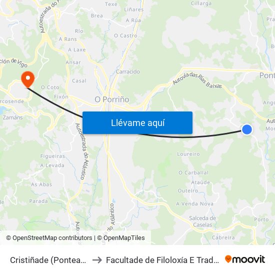 Cristiñade (Ponteareas) to Facultade de Filoloxía E Traducción map