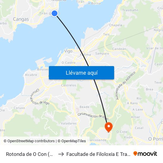 Rotonda de O Con (Moaña) to Facultade de Filoloxía E Traducción map