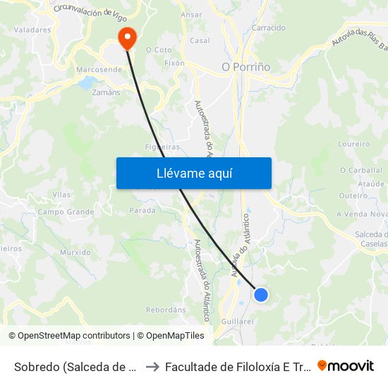 Sobredo (Salceda de Caselas) to Facultade de Filoloxía E Traducción map