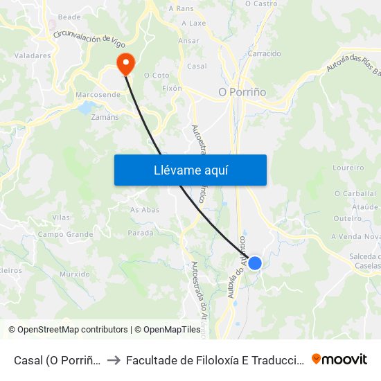 Casal (O Porriño) to Facultade de Filoloxía E Traducción map