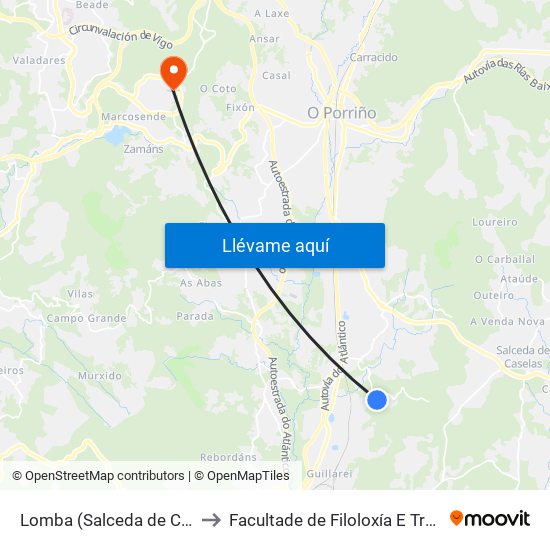 Lomba (Salceda de Caselas) to Facultade de Filoloxía E Traducción map