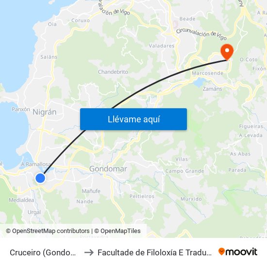 Cruceiro (Gondomar) to Facultade de Filoloxía E Traducción map