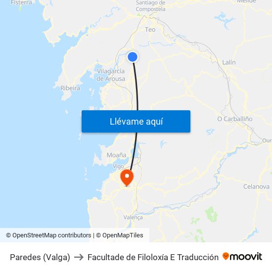 Paredes (Valga) to Facultade de Filoloxía E Traducción map