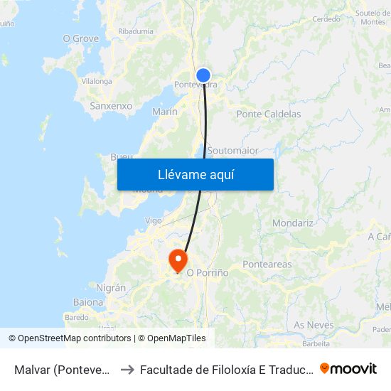 Malvar (Pontevedra) to Facultade de Filoloxía E Traducción map