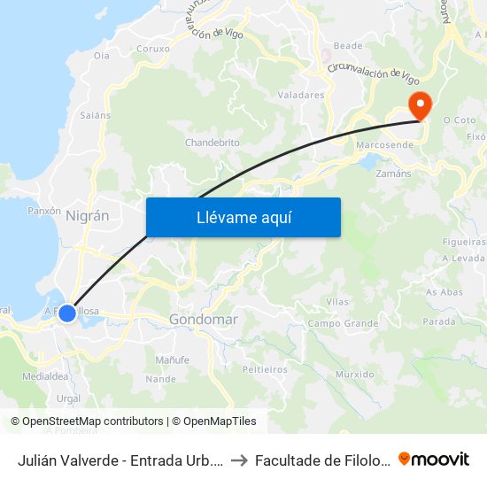 Julián Valverde - Entrada Urb.Ponte Romana (Baiona) to Facultade de Filoloxía E Traducción map