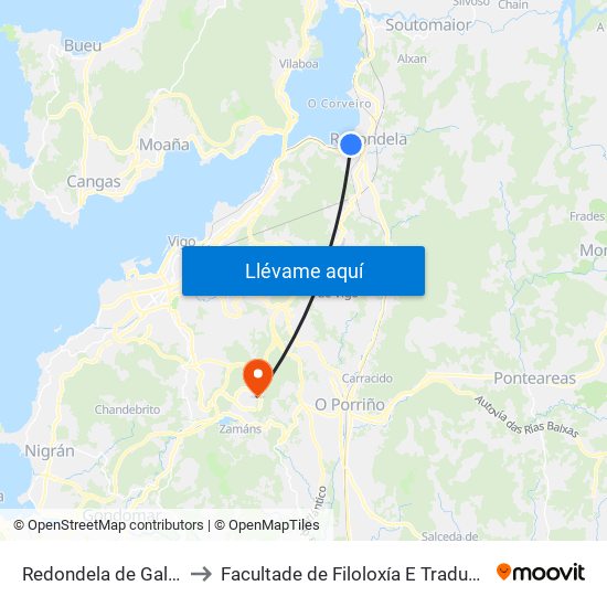 Redondela de Galicia to Facultade de Filoloxía E Traducción map