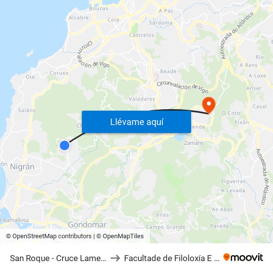 San Roque - Cruce Lameiro (Nigrán) to Facultade de Filoloxía E Traducción map