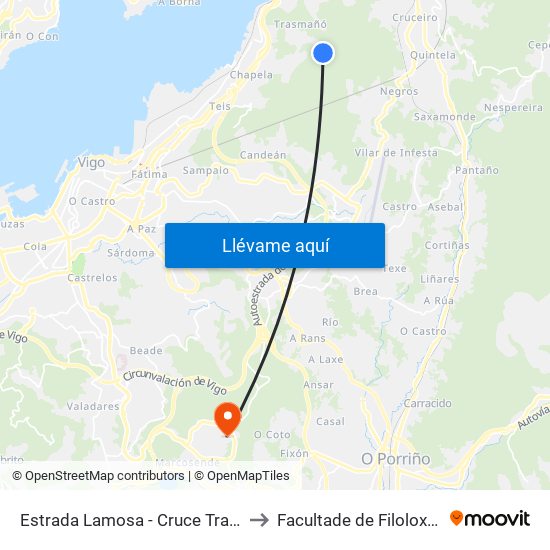Estrada Lamosa - Cruce Trasmañó (Redondela) to Facultade de Filoloxía E Traducción map
