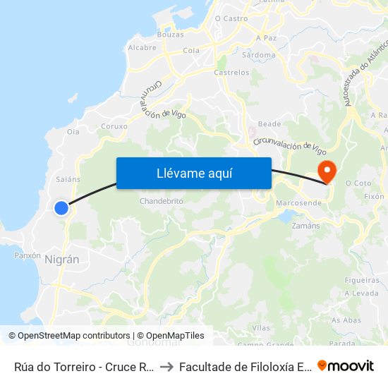 Rúa do Torreiro - Cruce Raña (Nigrán) to Facultade de Filoloxía E Traducción map