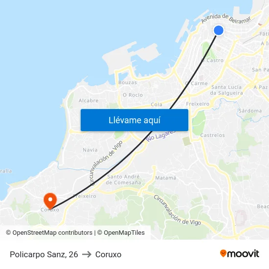 Policarpo Sanz, 26 to Coruxo map