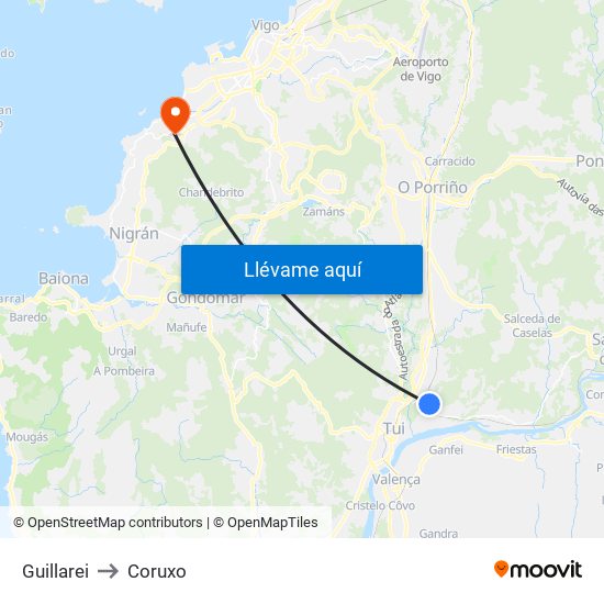 Guillarei to Coruxo map