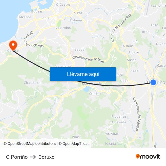 O Porriño to Coruxo map