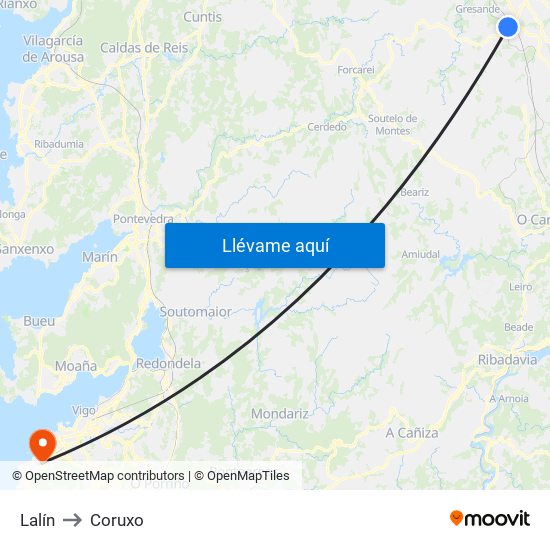 Lalín to Coruxo map