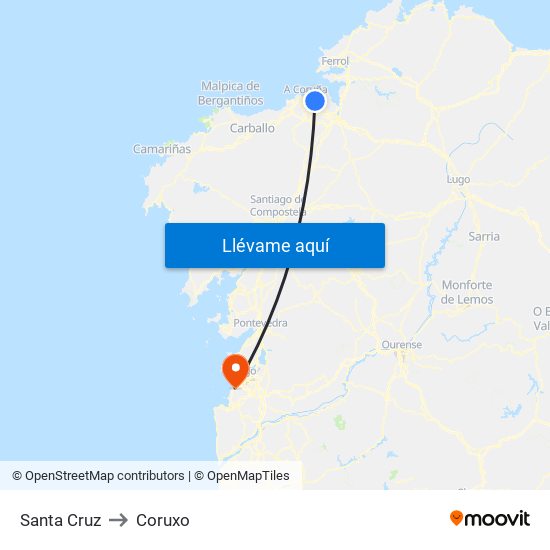 Santa Cruz to Coruxo map