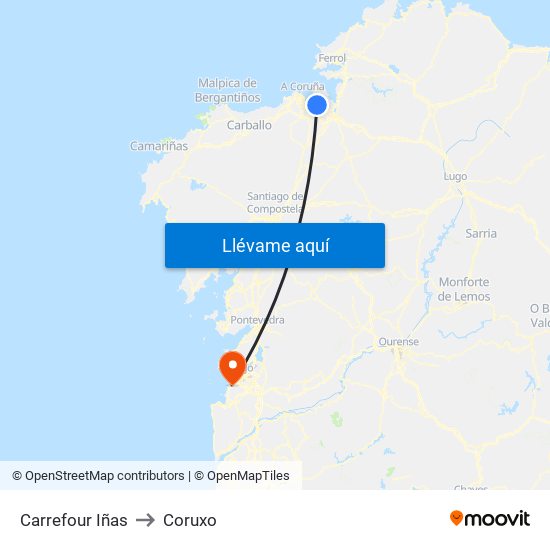 Carrefour Iñas to Coruxo map