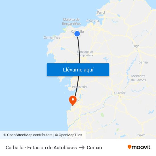 Carballo - Estación de Autobuses to Coruxo map