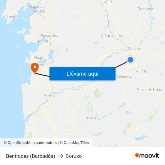 Bentraces (Barbadás) to Coruxo map