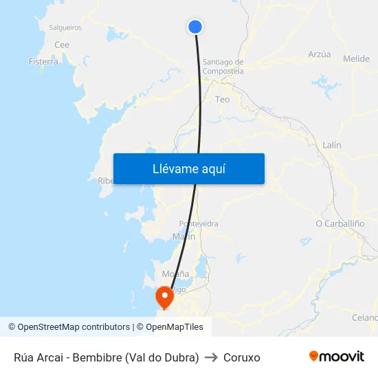 Rúa Arcai - Bembibre (Val do Dubra) to Coruxo map