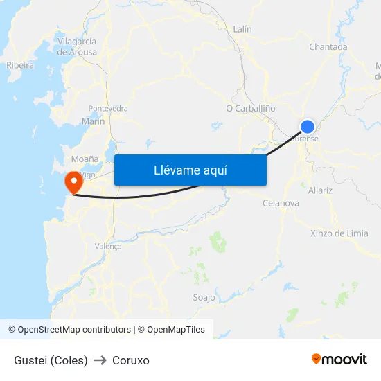 Gustei (Coles) to Coruxo map