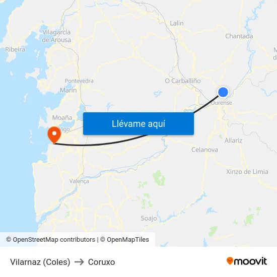 Vilarnaz (Coles) to Coruxo map