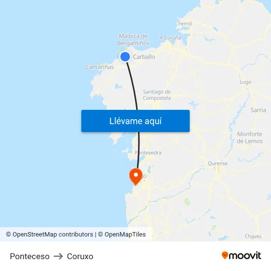 Ponteceso to Coruxo map