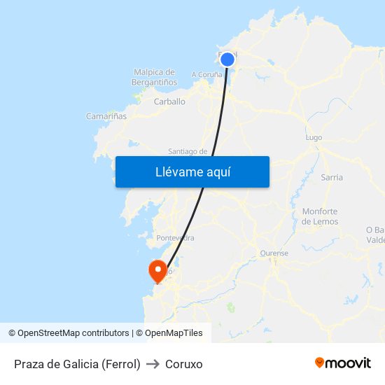 Praza de Galicia (Ferrol) to Coruxo map