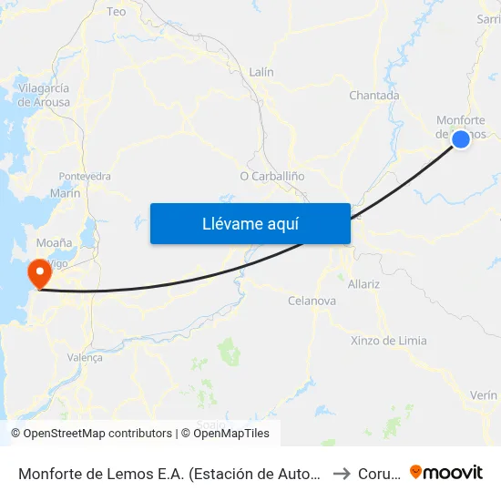 Monforte de Lemos E.A. (Estación de Autobuses) to Coruxo map