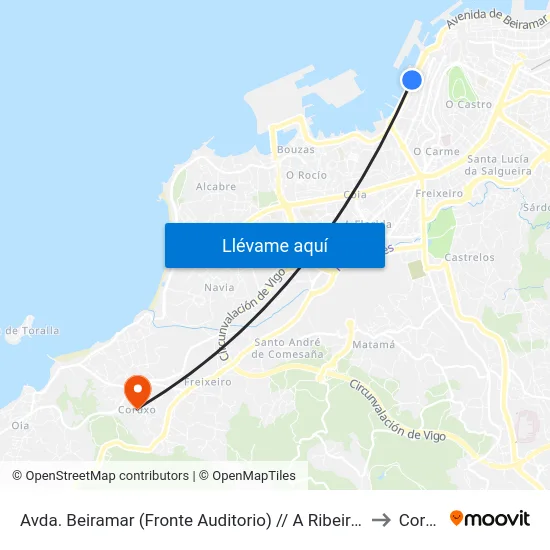 Avda. Beiramar (Fronte Auditorio) // A Ribeira de Picacho to Coruxo map