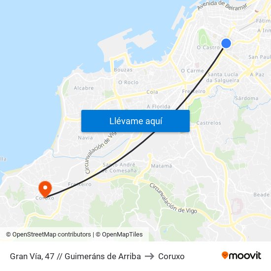 Gran Vía, 47 // Guimeráns de Arriba to Coruxo map