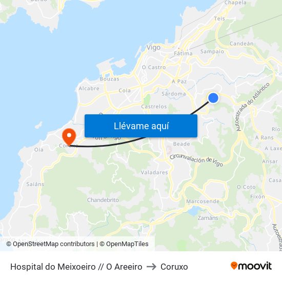 Hospital do Meixoeiro // O Areeiro to Coruxo map