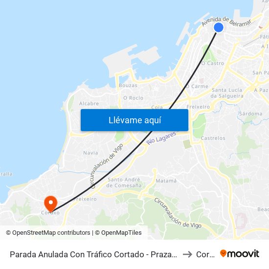 Parada Anulada Con Tráfico Cortado - Praza de Compostela to Coruxo map