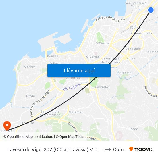 Travesía de Vigo, 202 (C.Cial Travesía) // O Troncal to Coruxo map