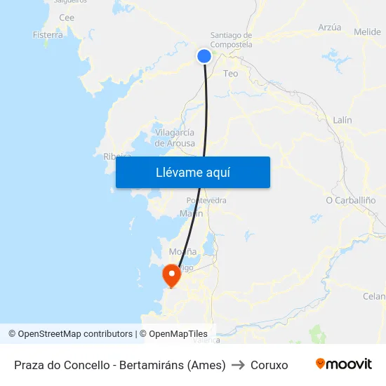 Praza do Concello - Bertamiráns (Ames) to Coruxo map