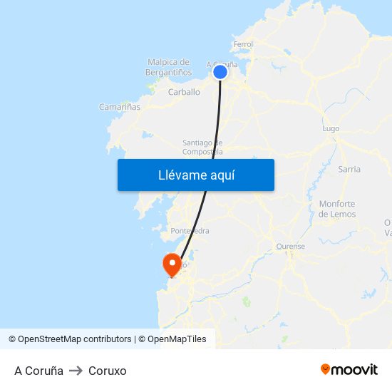 A Coruña to Coruxo map