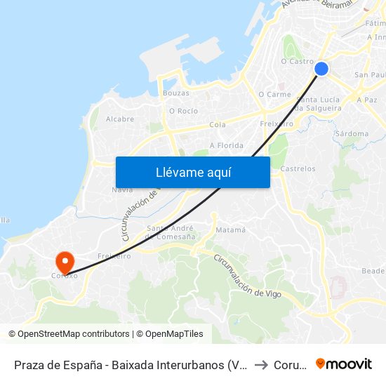 Praza de España - Baixada Interurbanos (Vigo) to Coruxo map