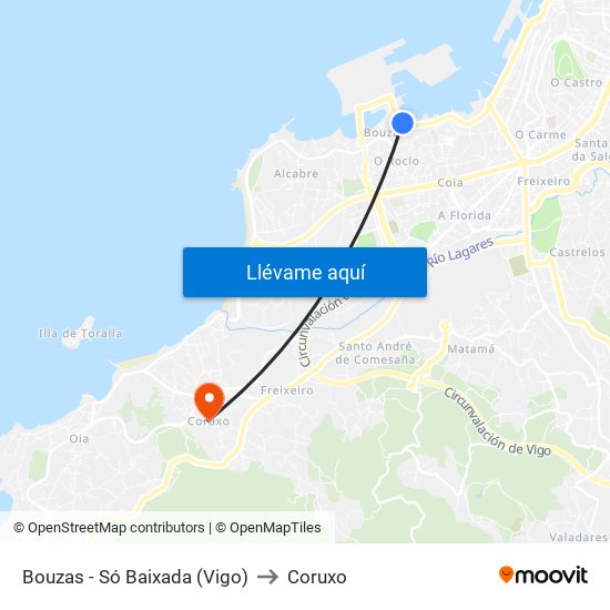 Bouzas - Só Baixada (Vigo) to Coruxo map