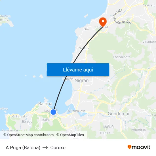 A Puga (Baiona) to Coruxo map