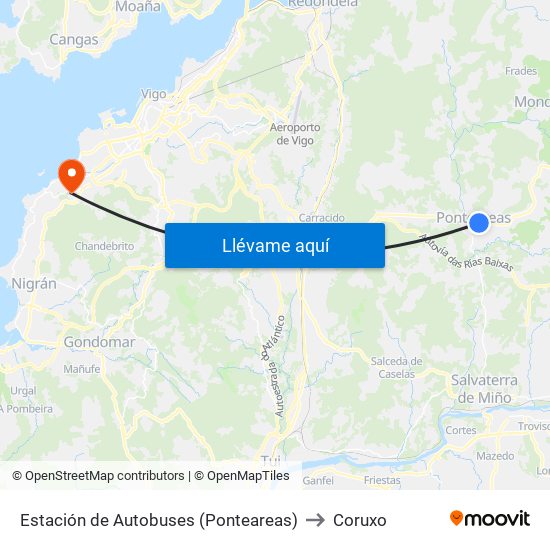 Estación de Autobuses (Ponteareas) to Coruxo map