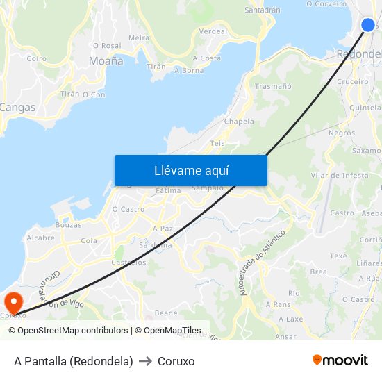 A Pantalla (Redondela) to Coruxo map