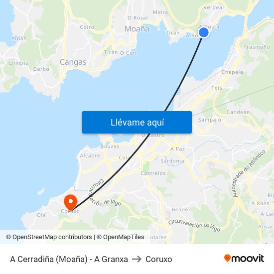 A Cerradiña (Moaña) - A Granxa to Coruxo map
