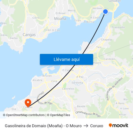 Gasolineira de Domaio (Moaña) - O Mouro to Coruxo map