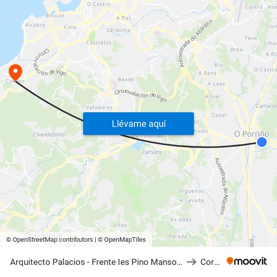 Arquitecto Palacios - Frente Ies Pino Manso (O Porriño) to Coruxo map