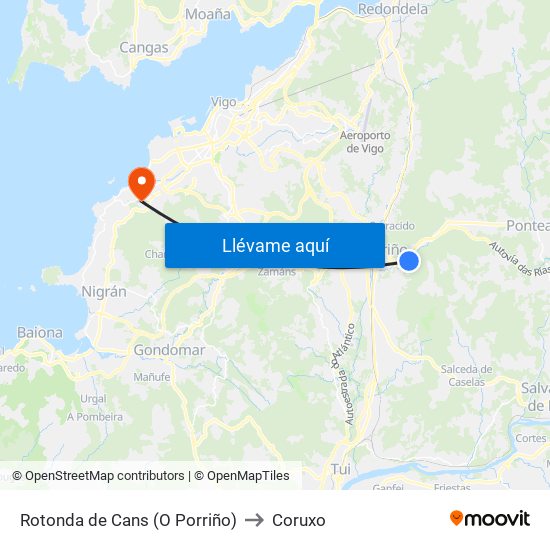 Rotonda de Cans (O Porriño) to Coruxo map