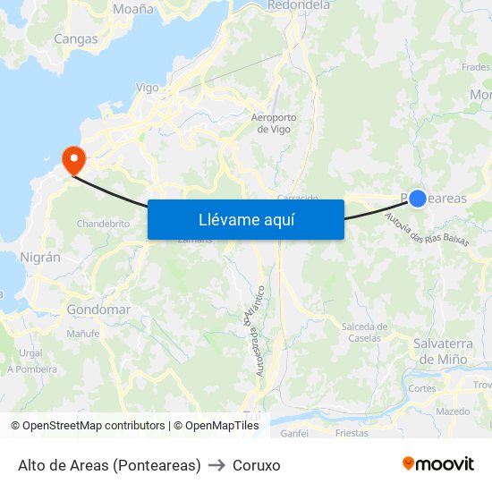 Alto de Areas (Ponteareas) to Coruxo map