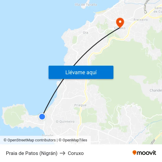 Praia de Patos (Nigrán) to Coruxo map