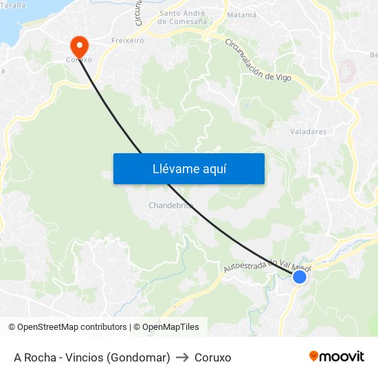 A Rocha - Vincios (Gondomar) to Coruxo map