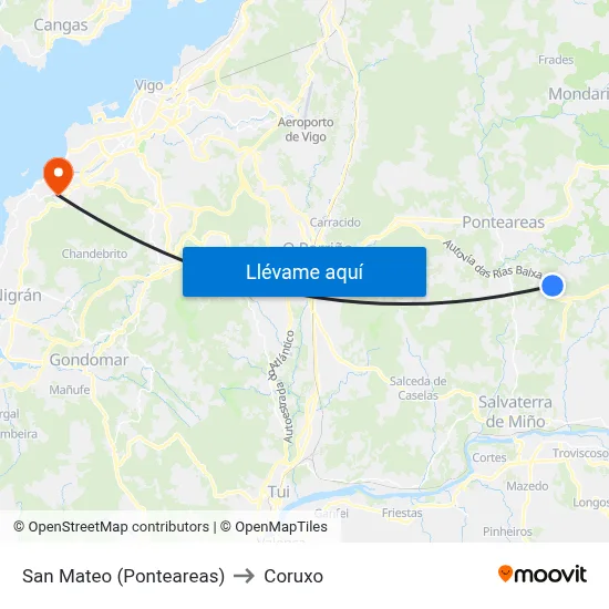 San Mateo (Ponteareas) to Coruxo map