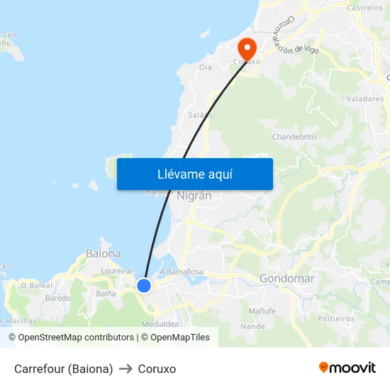 Carrefour (Baiona) to Coruxo map